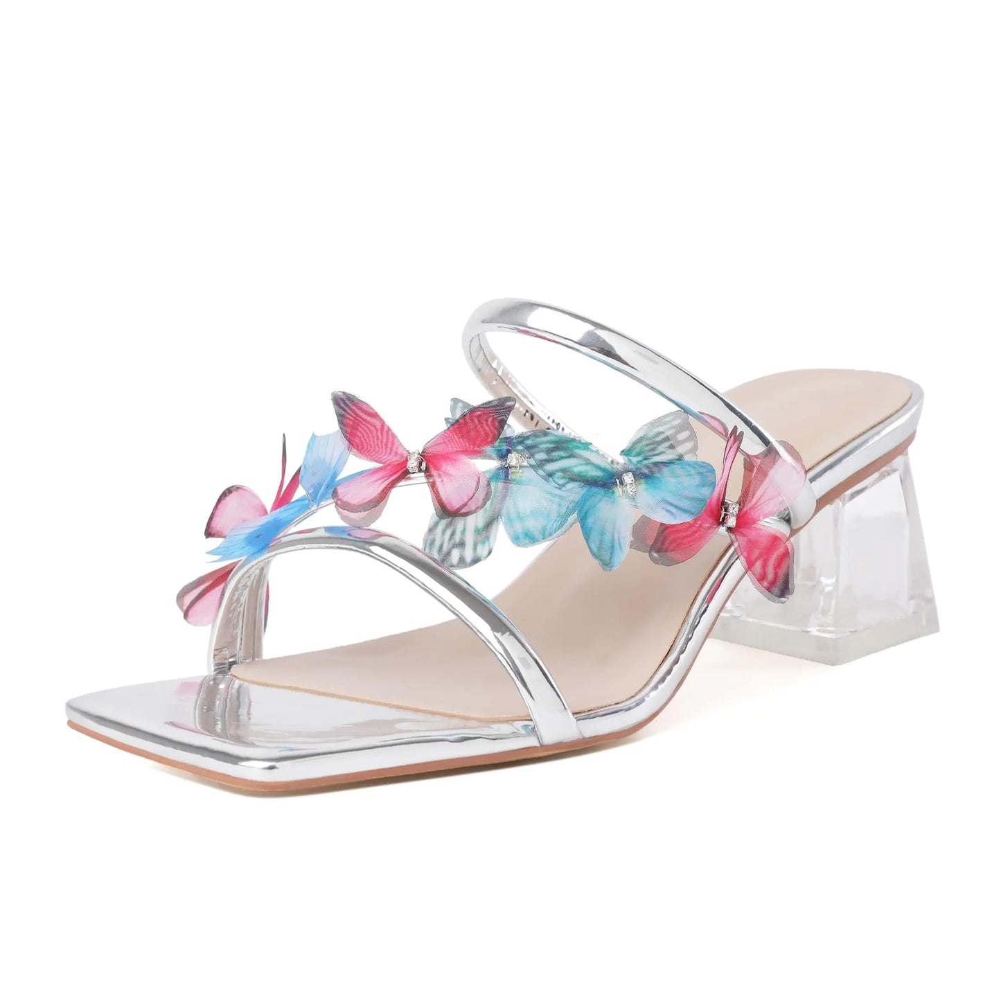 Strappy Low Block mule Heels. Square Open Toe Butterfly Sandals, Chunky Clear Heeled Shoes 2 Inches. US Size 9