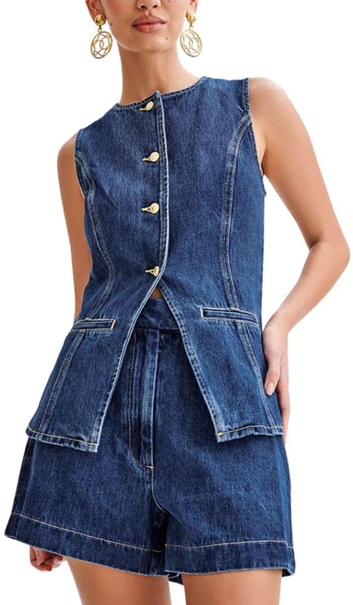 Womens Denim 2 Piece Outfits. Casual Button Down Sleeveless Top & Trendy High Waist Jean Shorts