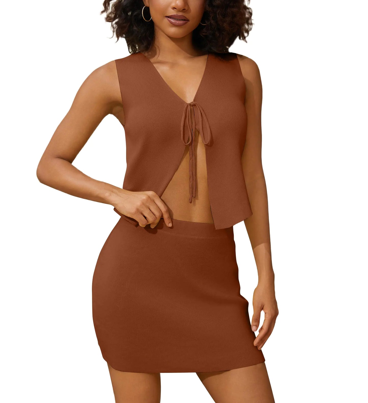 2-piece Women Sexy Knit Mini Skirts Set. Sleeeveless V Neck Slit Front Vest Top & Short Skirts Set