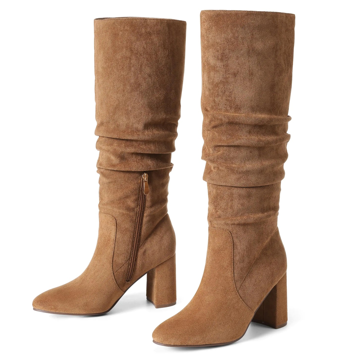 Eteridrey Knee High Boots. Womens Chunky Heels Side Zipper Slouchy Faux Suede Riding Mid Calf Boots, Brown Winter Warm Boots