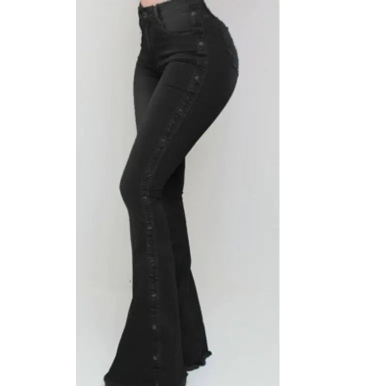 High Waist Stretch Denim Flared Pants for Women