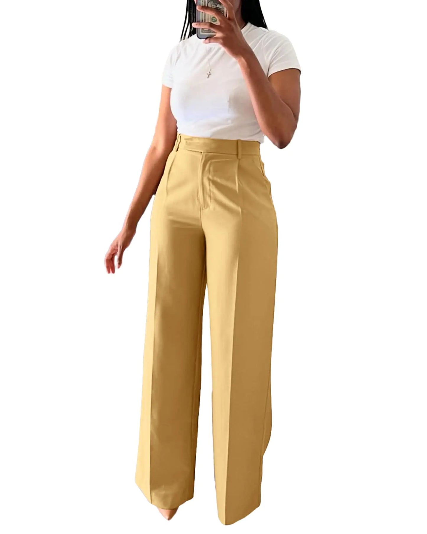 Women High Waist Straight Leg Pants. Slim Fit Ankle Length Work Office Casual Yellow Trousers