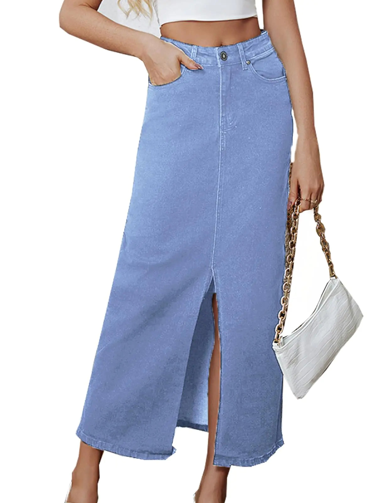 Denim Skirt for Women. Midi Jeans A Line Slit Below The Knee Long Skirt