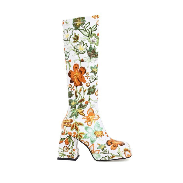 Fashion High Heel Print Square Toe Knight Boots Women