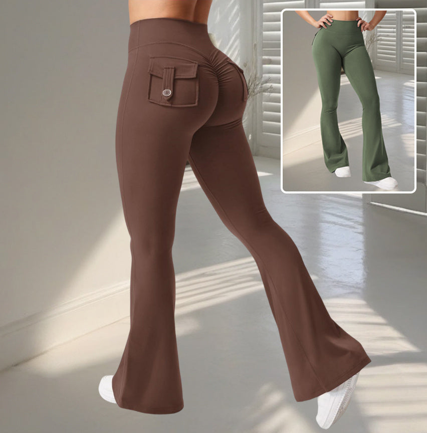 Yoga Fitness Flared Pants With Pockets. High Waist Sports Scrunch Butt Workout Lifting Leggings