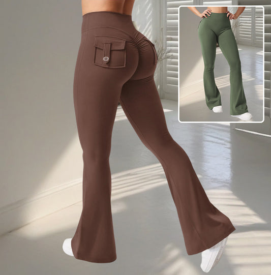 Yoga Fitness Flared Pants With Pockets. High Waist Sports Scrunch Butt Workout Lifting Leggings