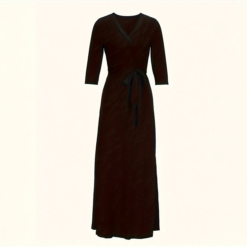 Women's Summer Geometric Print Maxi Dresses Casual 3 4 Sleeve V-Neck Tie Waist Long Dress