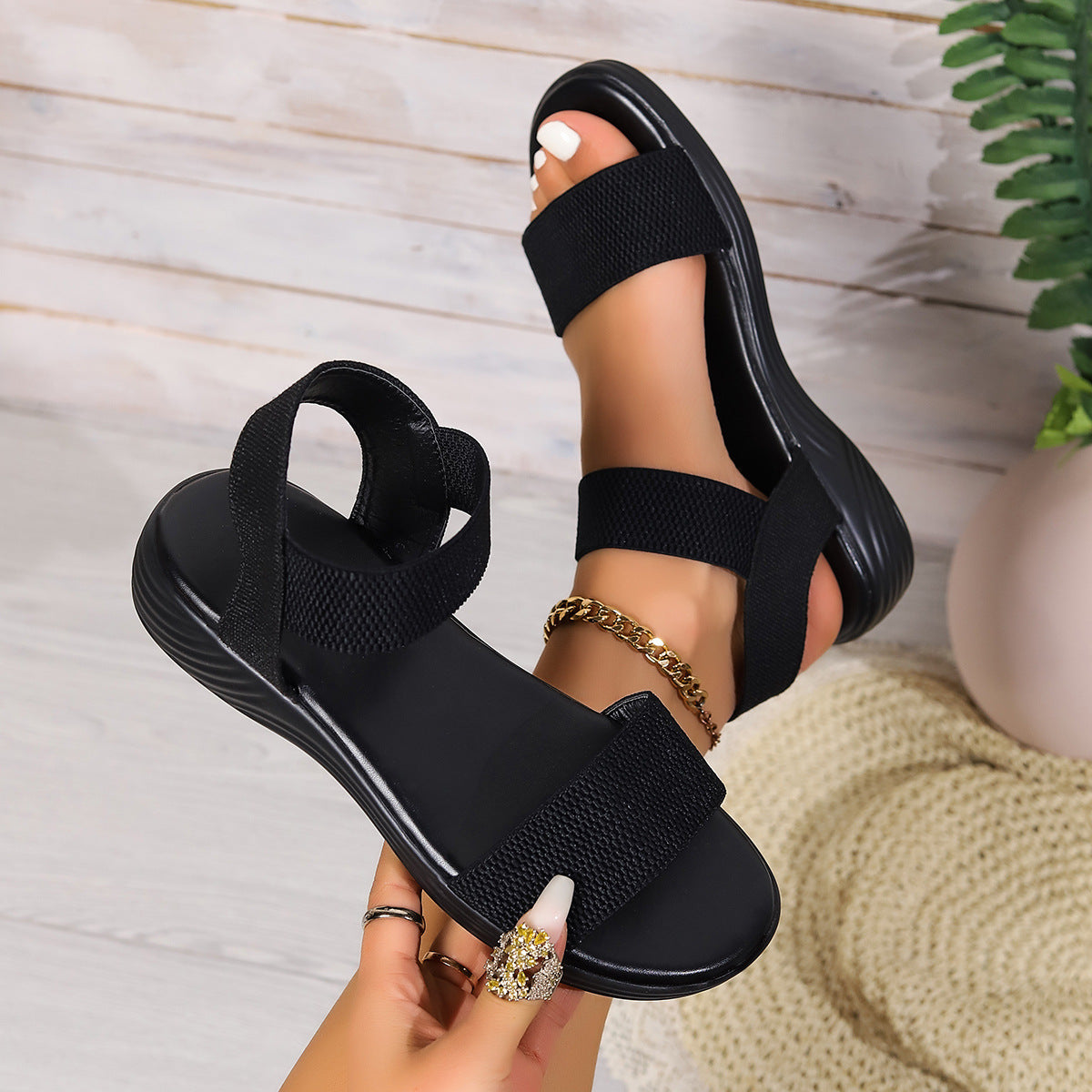 Fashion Color-block Elastic Summer Sandals. Fish Mouth Flat Women Shoes