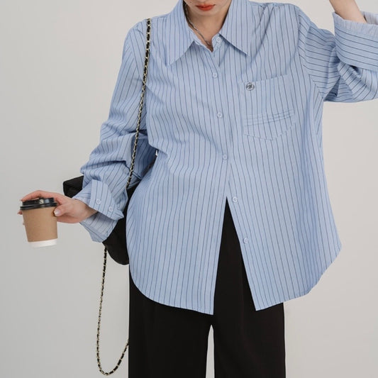 Blue Minimalist Preppy Women's Loose Slimming shirt