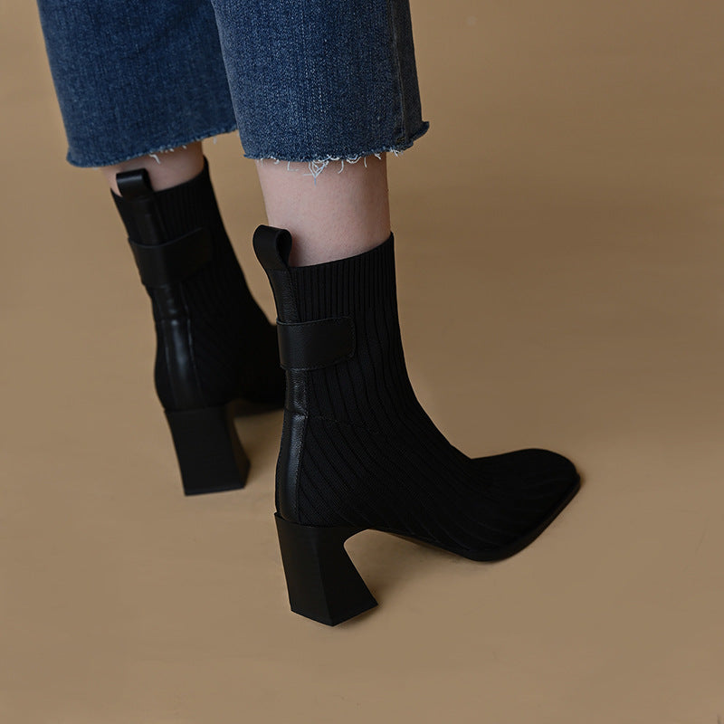 Women's Knitted Square Toe Block Heel Stretch Boots