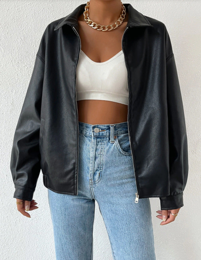 PU Leather Coat. Retro Biker's Long Sleeve Zipper Lapel Jacket