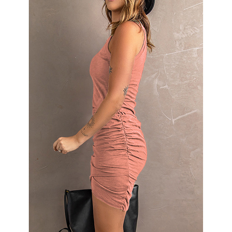Women Summer Bodycon Ruched Party Dresses. Sleeveless Crew Neck Tight Tank Dress