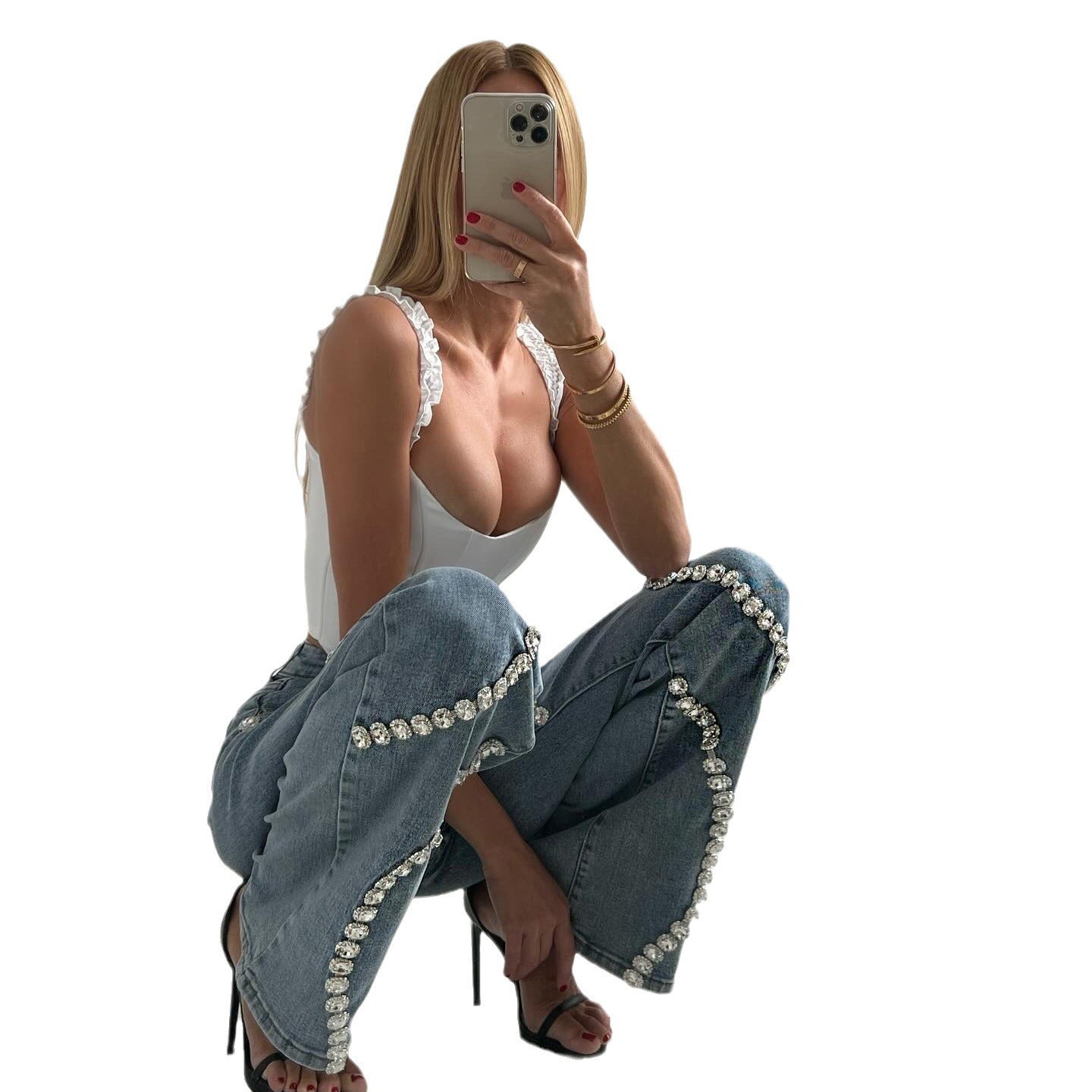 Loose Straight Leg Fashionable Casual Jeans. Pants With A Rhine Stone Denim Design Around Them.