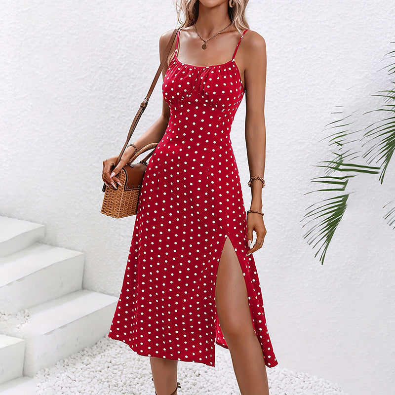Women's Summer Boho Polka Dot Spaghetti Strap Slit Dresses