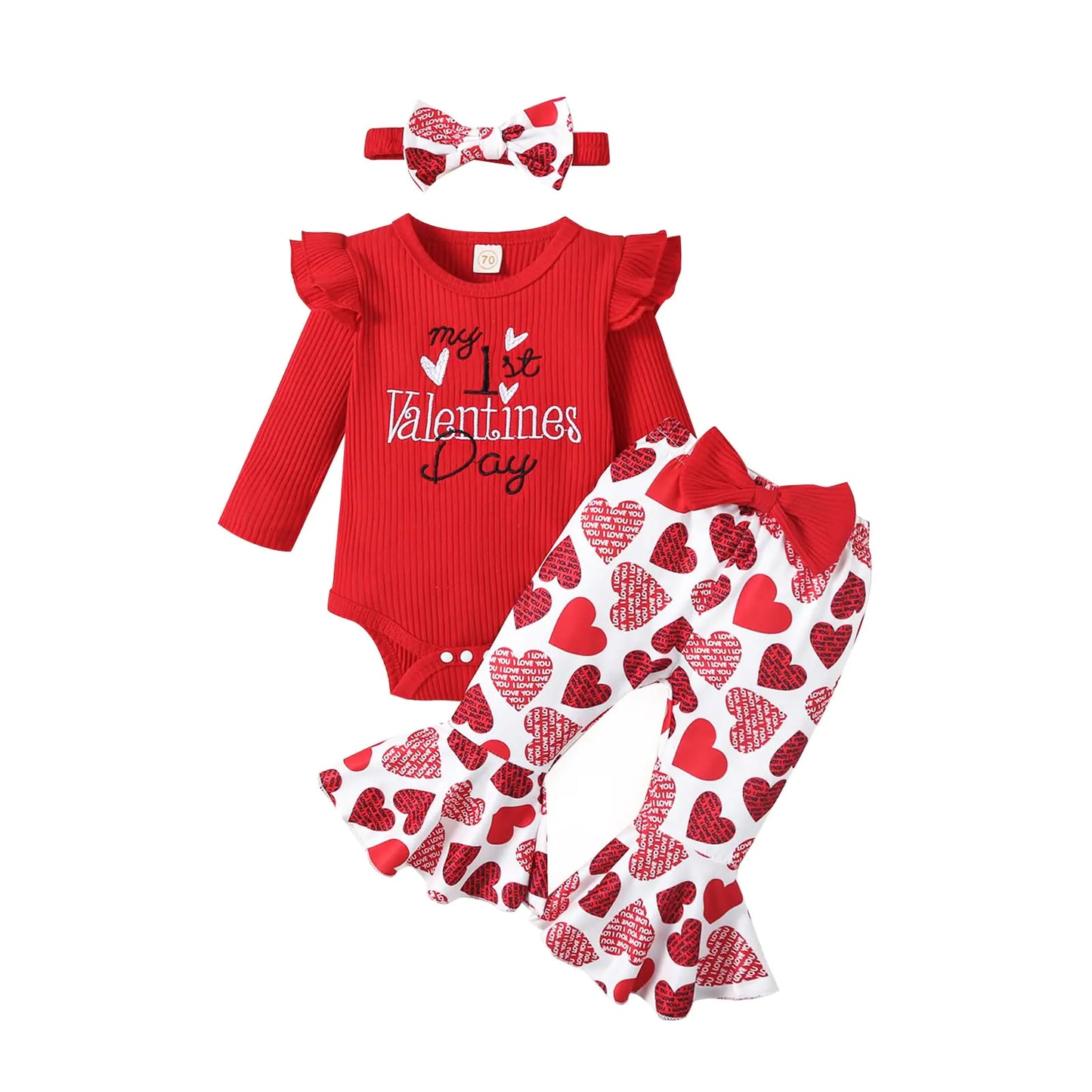 Newborn Baby Girl Outfits. Long Sleeve Ribbed Romper Heart Flare Pant Headband 3Pcs(12-18 Months)