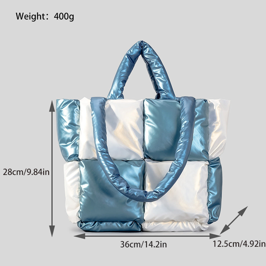 Winter Color Matching Down Cotton-padded Coat Tote Bag. Soft Plaid Shoulder Bags