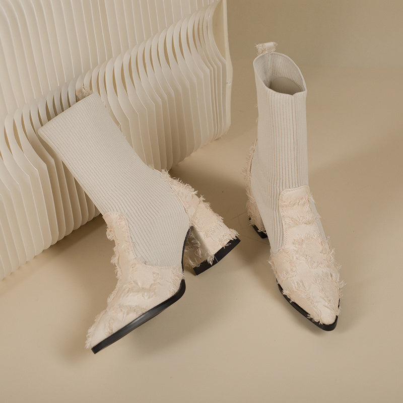 Women's Fringe And Knit Combination Mid-Calf Boots, Boho Chunky Block Heels