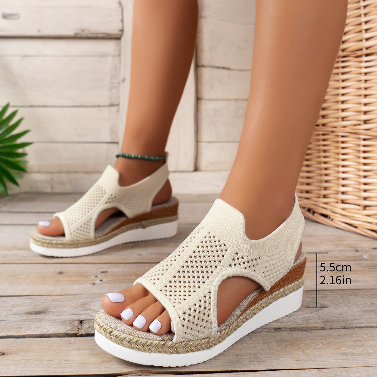 New Summer Hollow Wedges Sandal. Woven Breathable Mesh Peep-Toe Women Shoes.