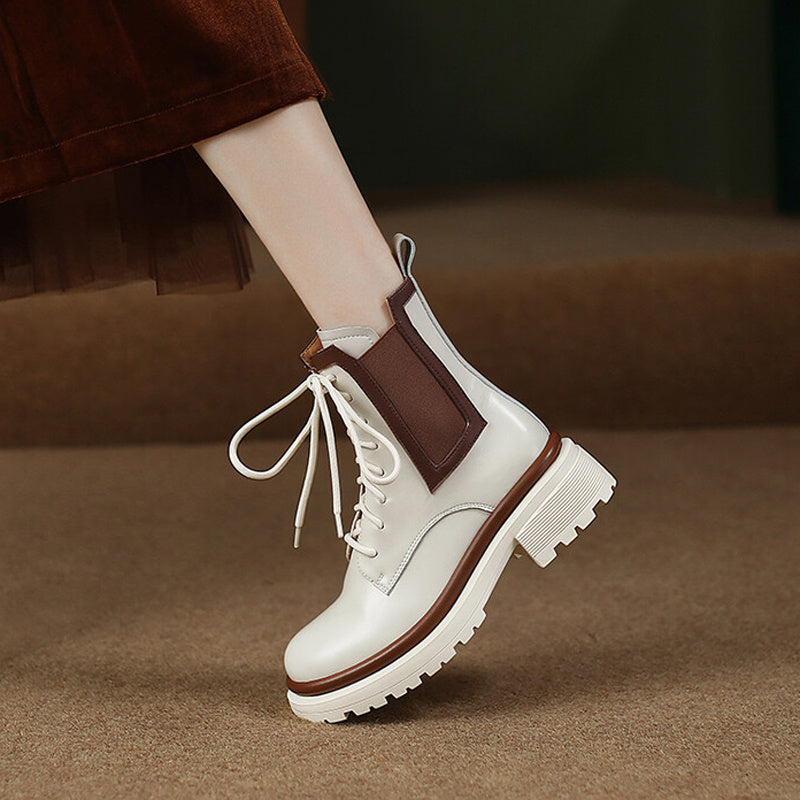 Mid Heel Single Round Toe Colorblock Boots
