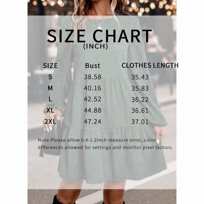 Women's Corduroy Mini Dress - Fall Winter A-Line Long Sleeve Dress, Round Neck