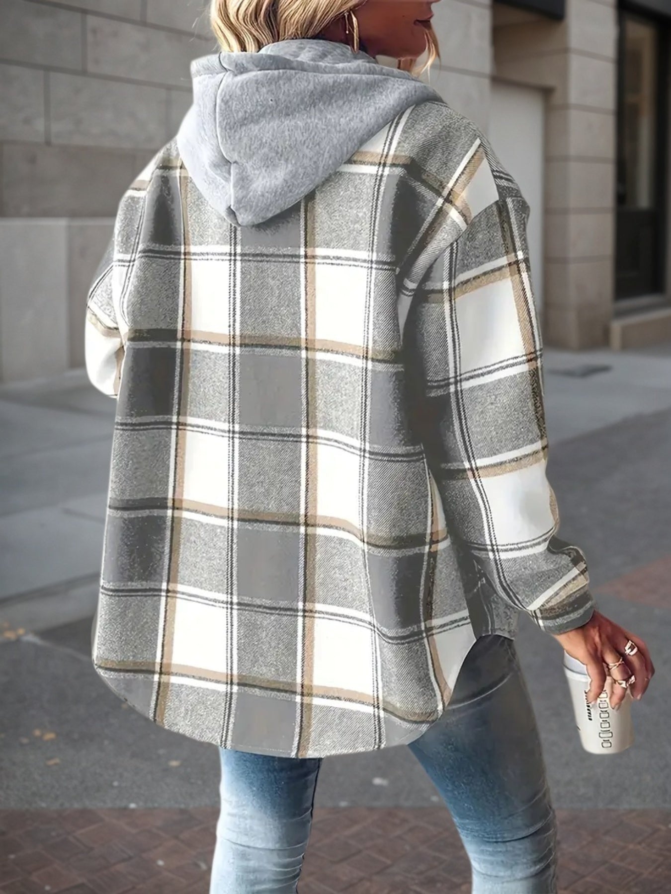 New Plaid Pattern Long Sleeved Wool Lined Hooded Jacket