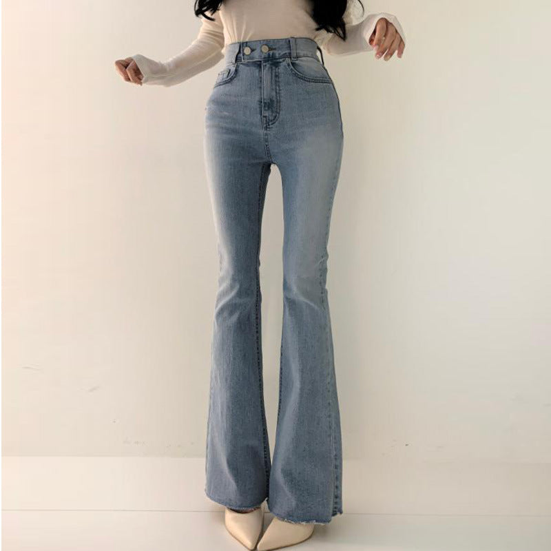 Spring Versatile High Waist Slimming Two-button Double Pocket. Slightly Flared Jeans Trousers