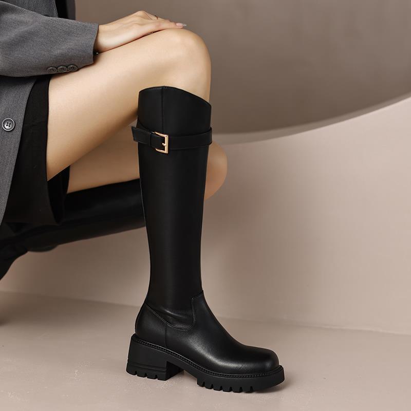 Leather High Heel Knee Boots. British Style Round Toe Chunky
