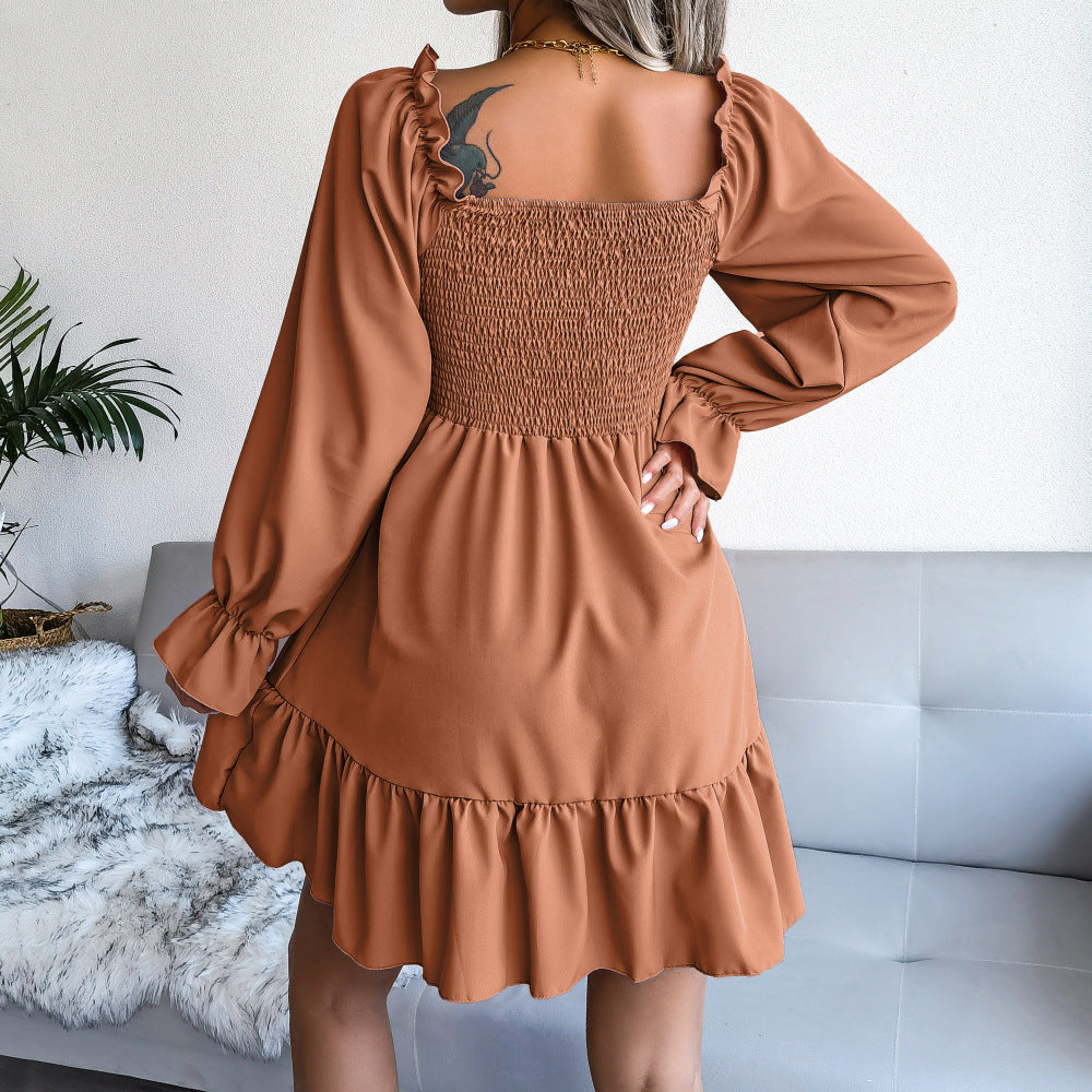 Flared Long Sleeve Women Square Neck Ruffled Swing Dresses