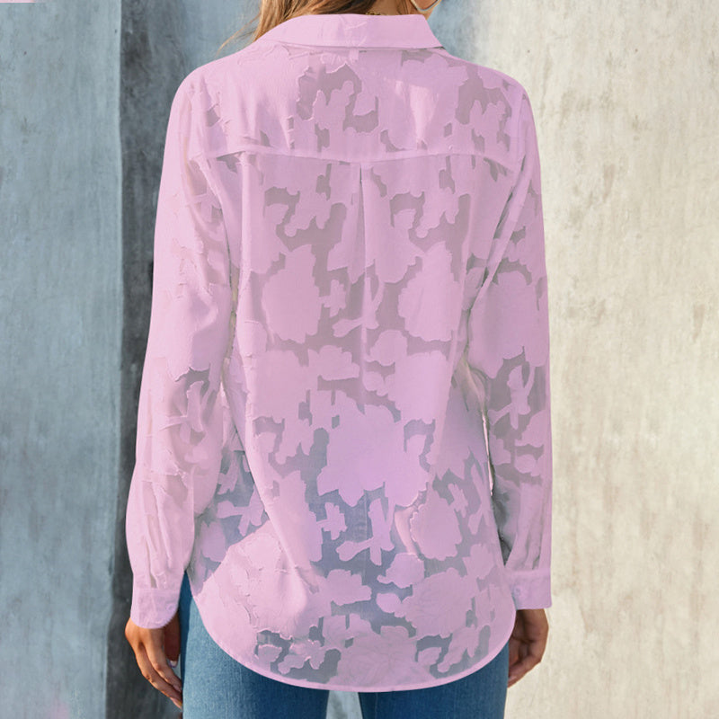 Womens Casual Sheer Button down, Long Sleeve V Neck Jacquard Blouses Tops