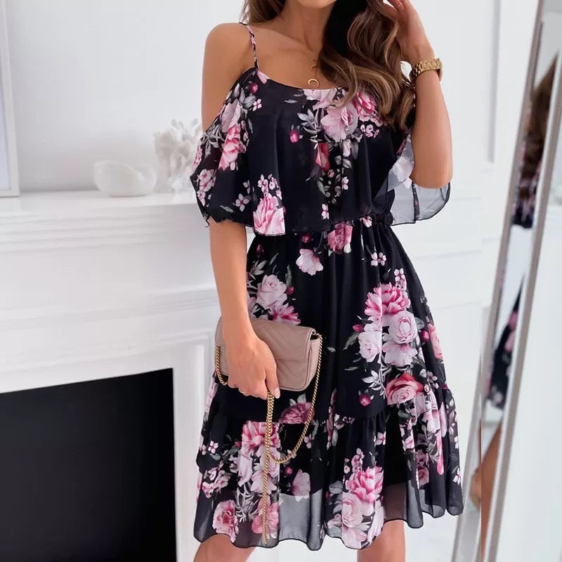 Flower Printed Ruffled Suspender Summer Dresses. Off-the-shoulder Strap Women dress