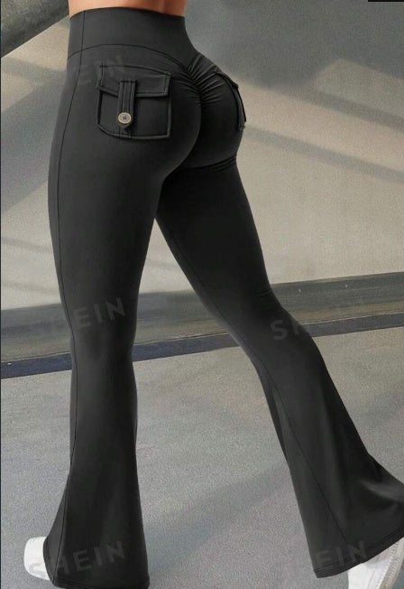 Yoga Fitness Flared Pants With Pockets. High Waist Sports Scrunch Butt Workout Lifting Leggings