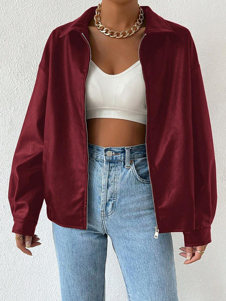 PU Leather Coat. Retro Biker's Long Sleeve Zipper Lapel Jacket