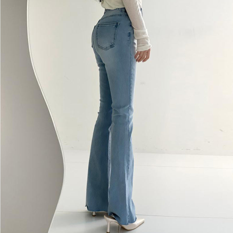 Spring Versatile High Waist Slimming Two-button Double Pocket. Slightly Flared Jeans Trousers
