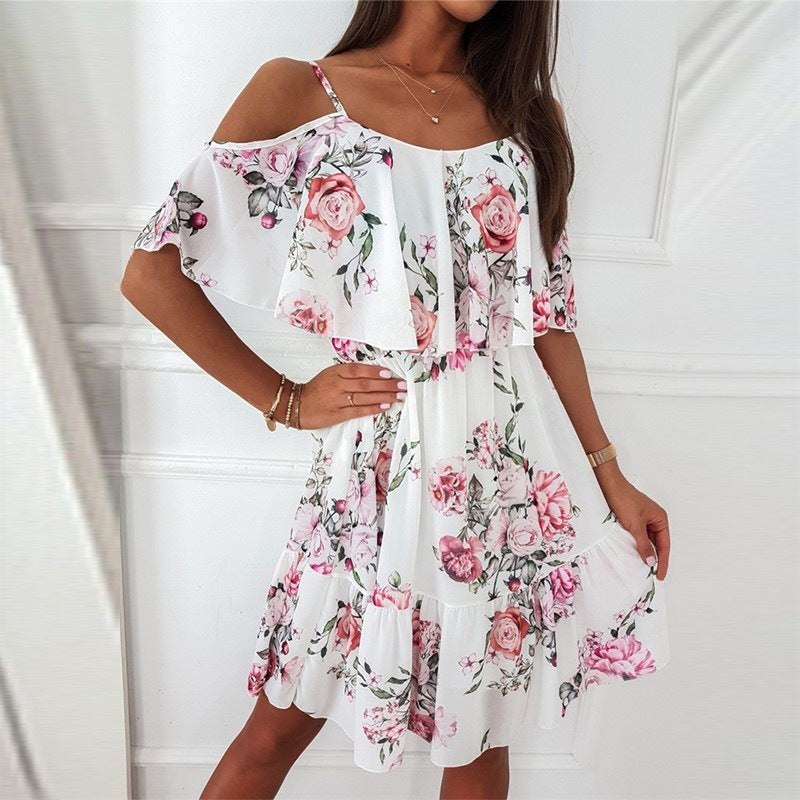 Flower Printed Ruffled Suspender Summer Dresses. Off-the-shoulder Strap Women dress