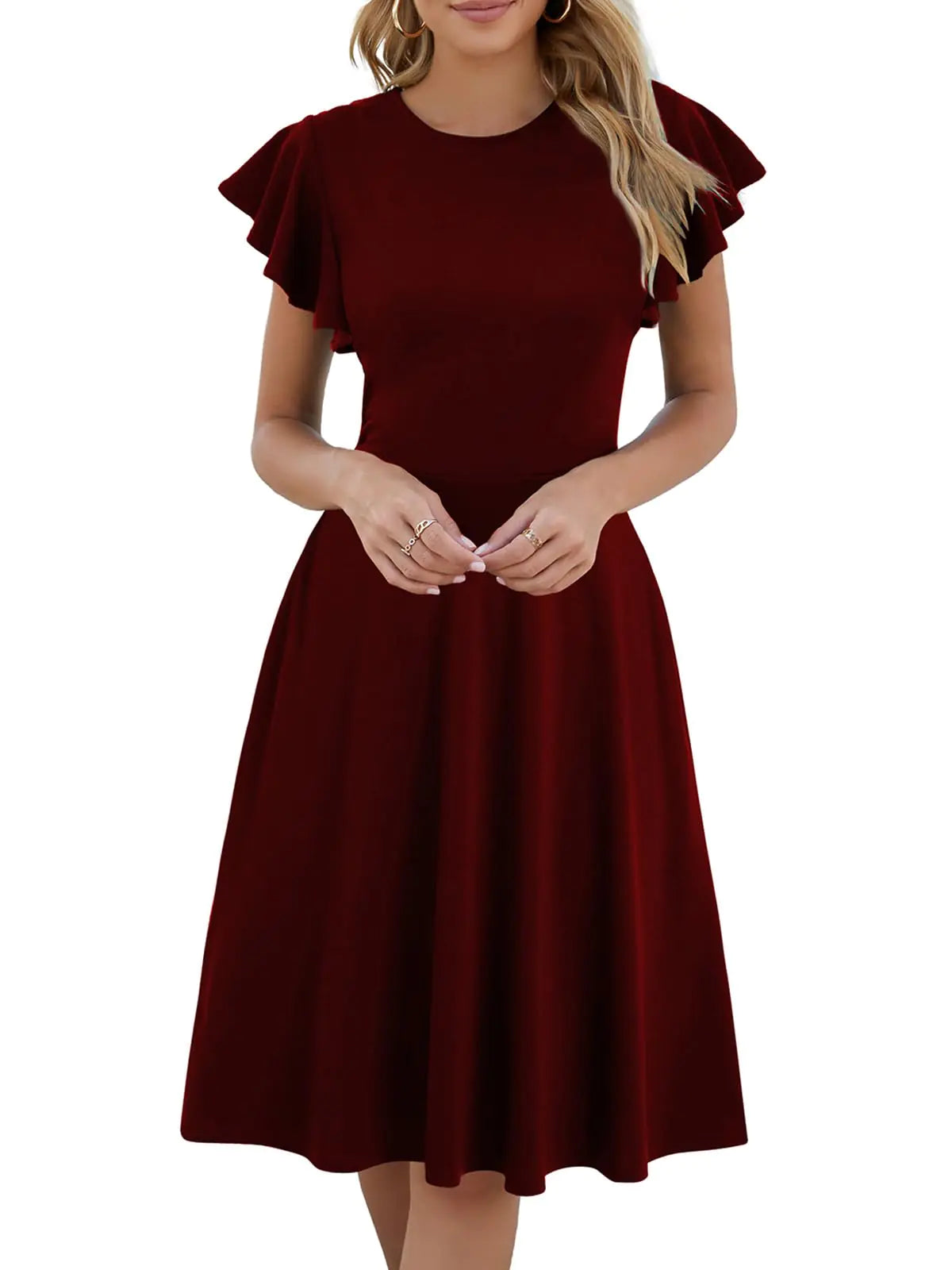Summer Business Casual Office A Line Dress. Ruffle Short Sleeves Party Dress with Pockets