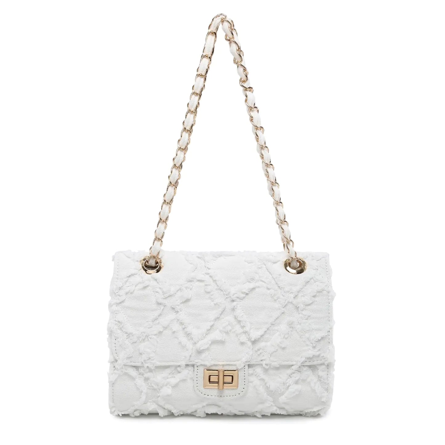 Women Small Shoulder Bags. Quilted Crossbody Distressed Jean Denim Purse, Evening Clutch Handbag with Chain Strap