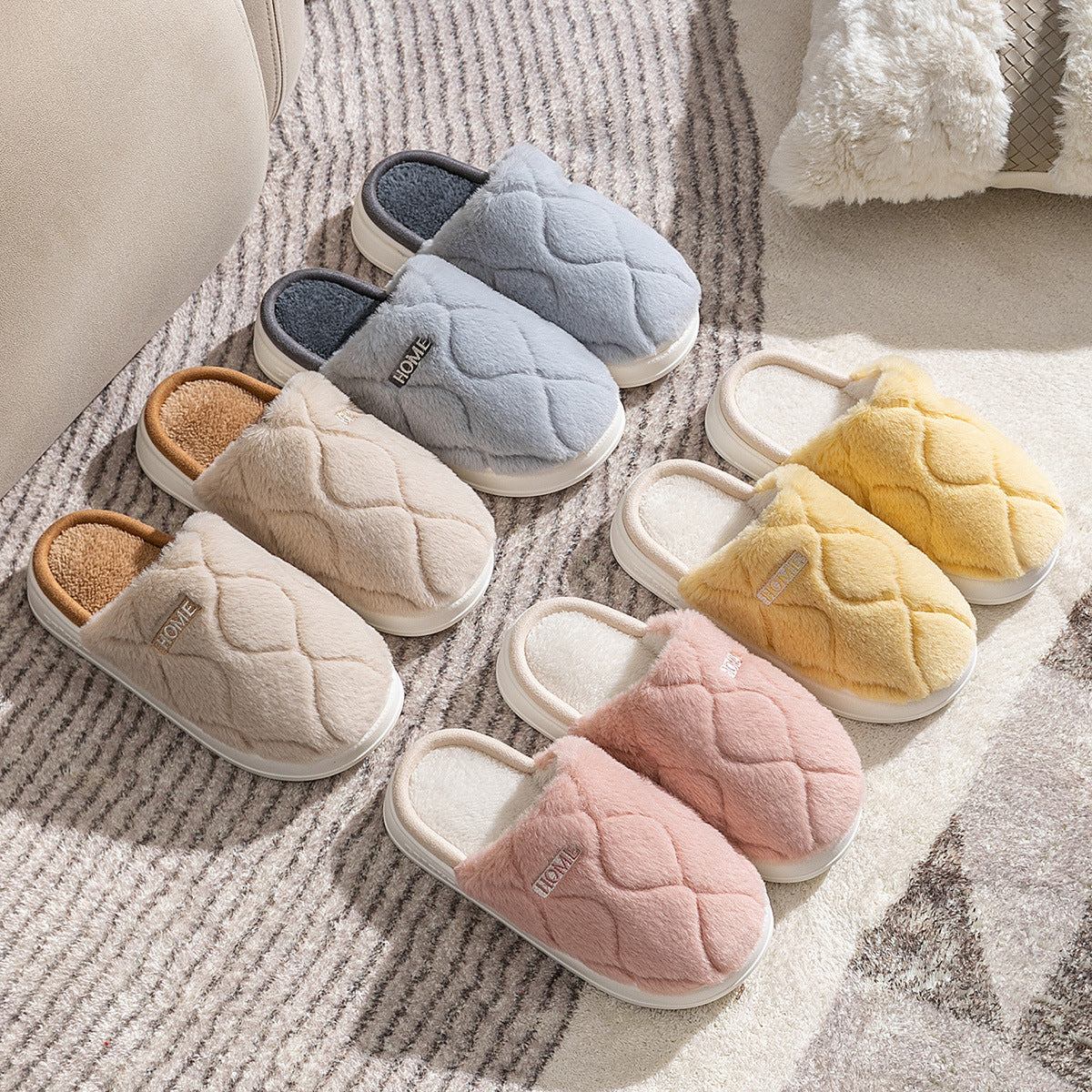 Plush Winter Indoor Warm Slippers. Solid Floor House Couple Shoes