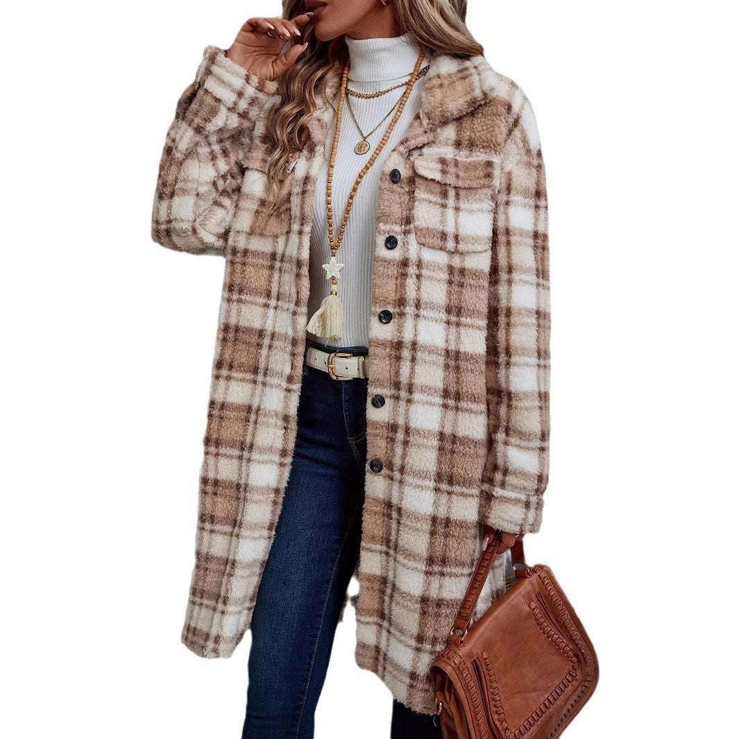 Women's Plaid Long Double-sided Pocket Button Coat