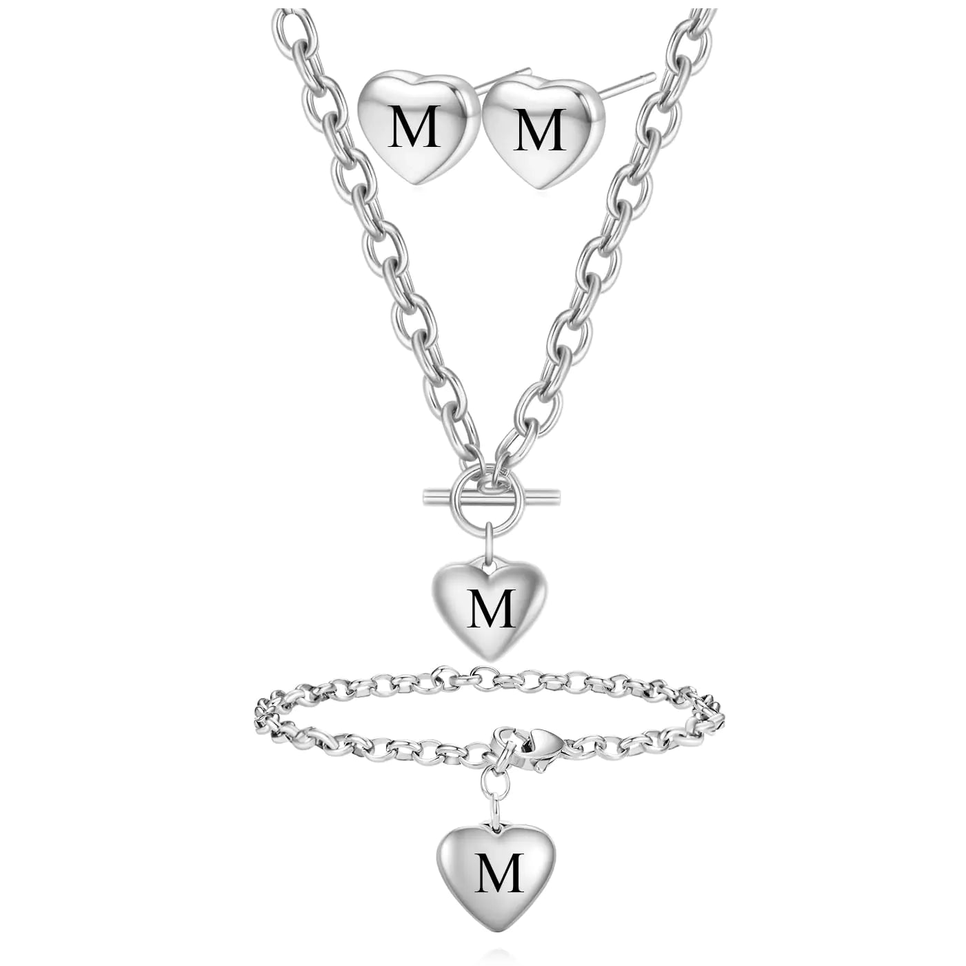 Womens 3 Pieces Heart Name Necklace, Bracelet, Earrings Jewelry Set. Stainless Steel A-Z letters Jewelry.