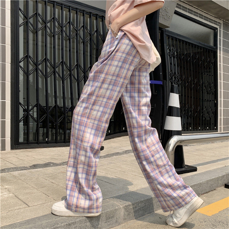 Ice Silk High Waist Plaid Pants. Korean Loose Wide-leg Pants