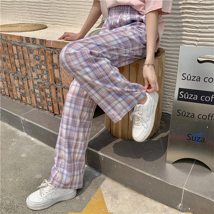 Ice Silk High Waist Plaid Pants. Korean Loose Wide-leg Pants
