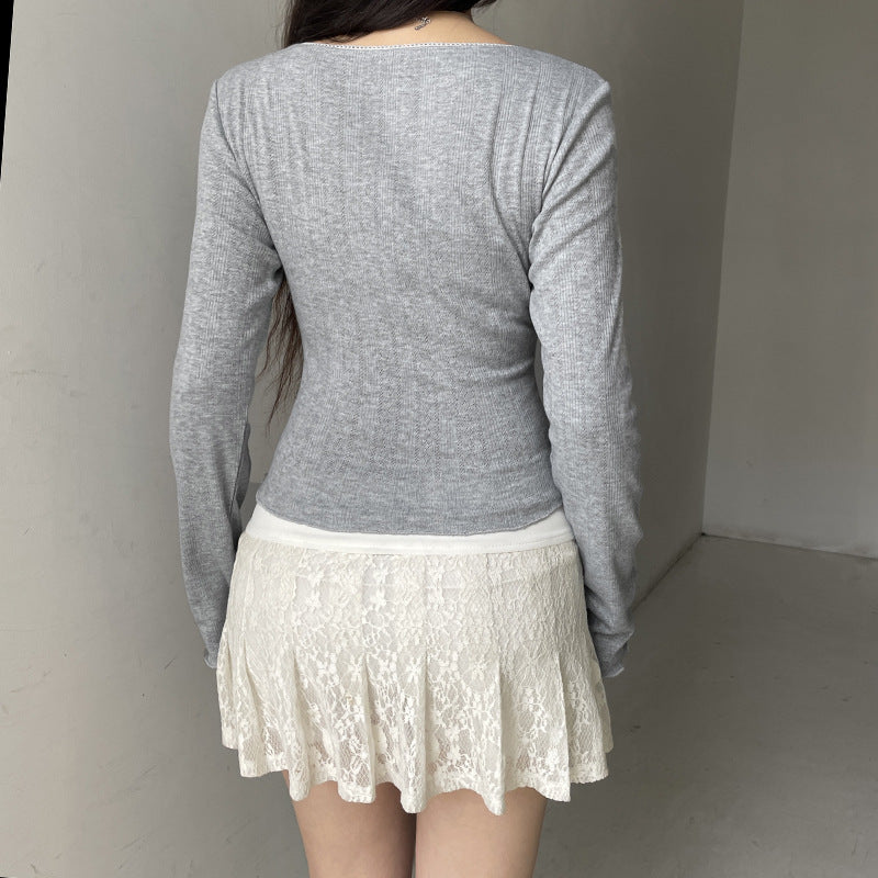 Solid Color Square Collar Women's Long-sleeved T-shirt Bow Top