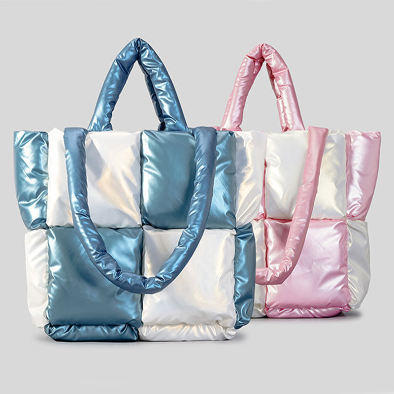 Winter Color Matching Down Cotton-padded Coat Tote Bag. Soft Plaid Shoulder Bags