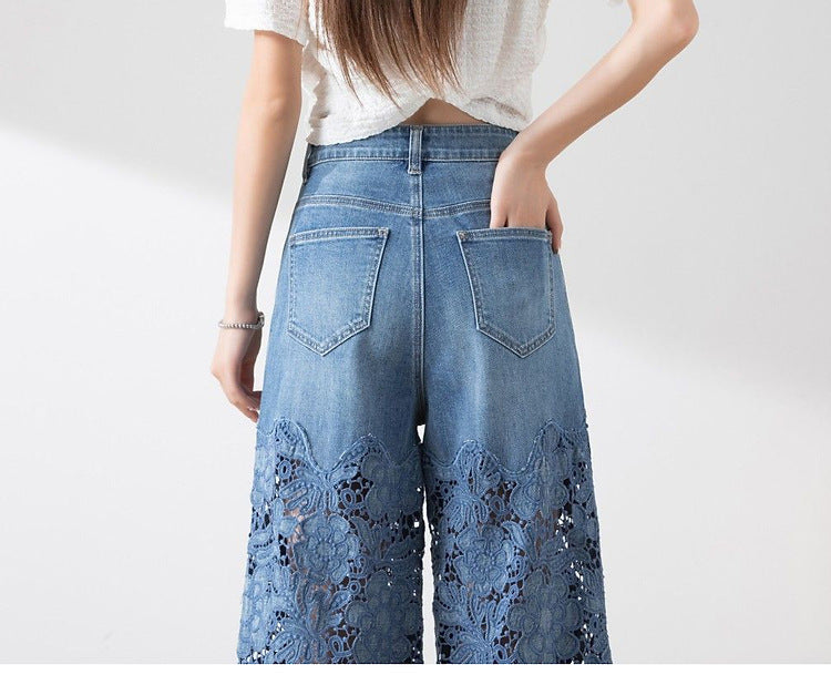 Women's Stitching High Waist Wide Leg  Jeans Pants