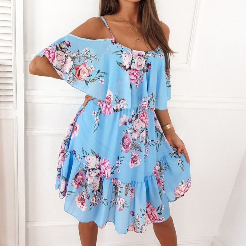 Flower Printed Ruffled Suspender Summer Dresses. Off-the-shoulder Strap Women dress
