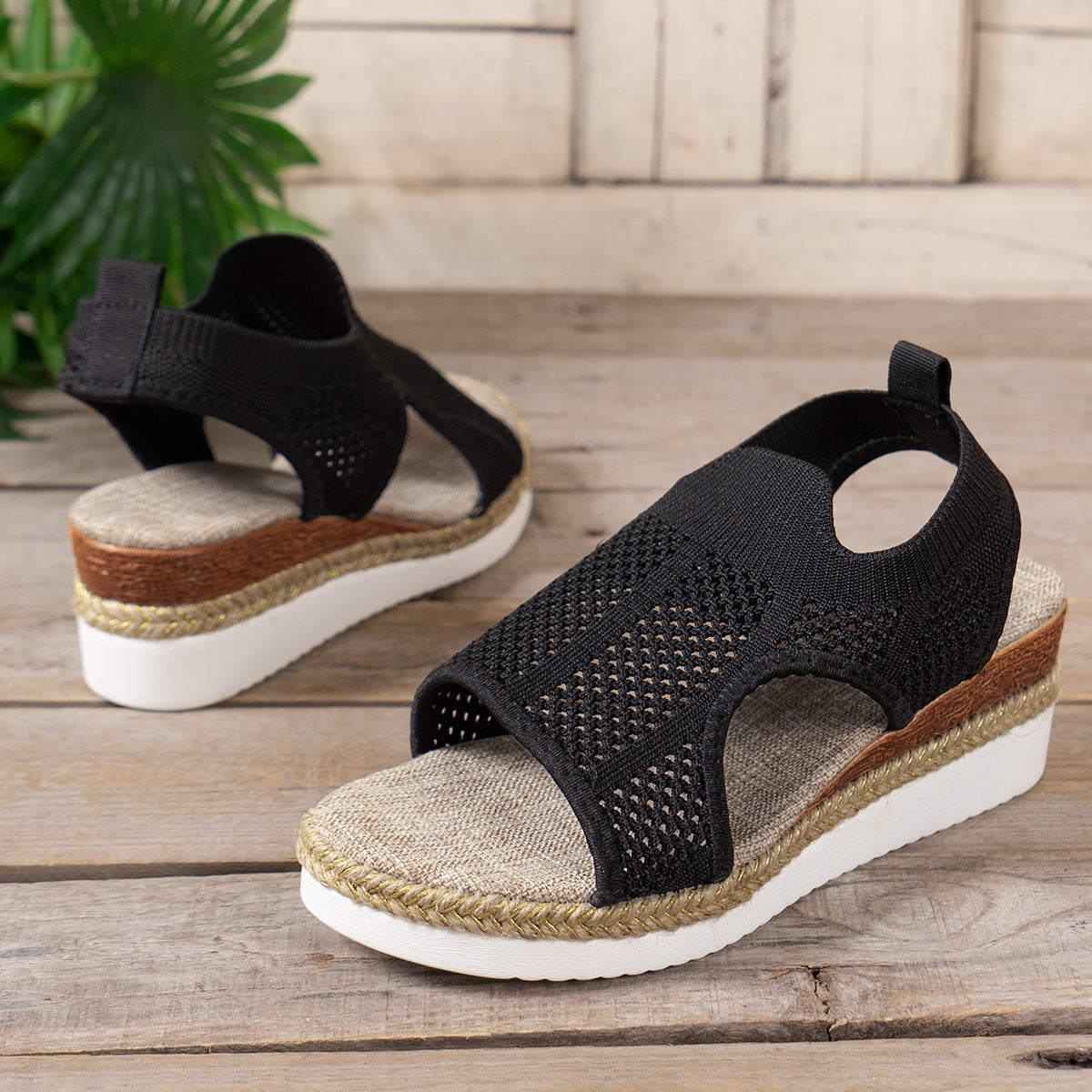 New Summer Hollow Wedges Sandal. Woven Breathable Mesh Peep-Toe Women Shoes.