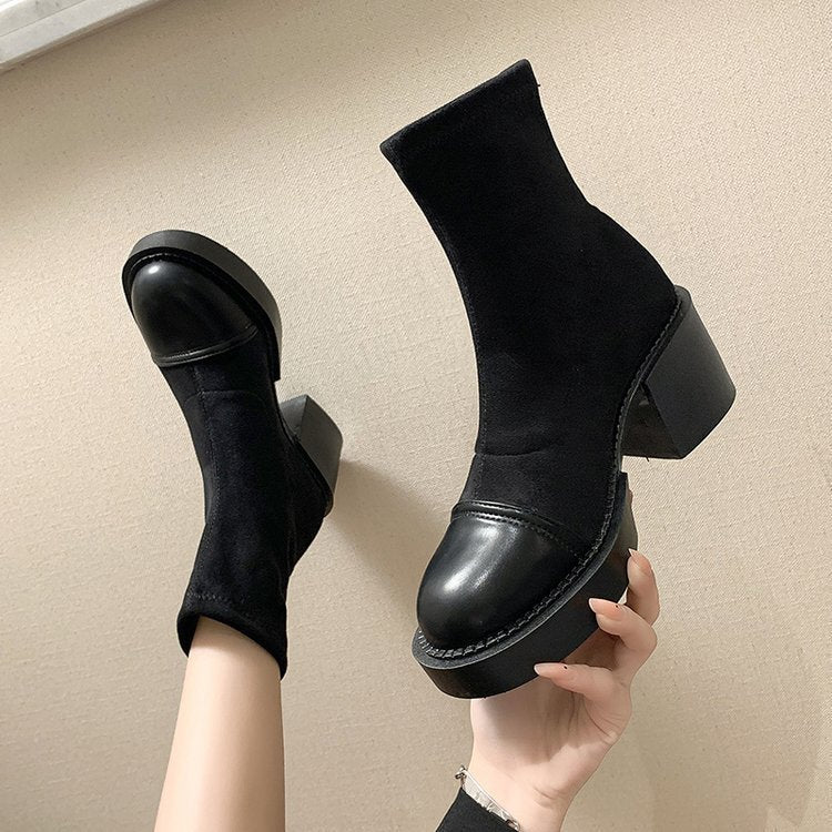 Women Short Thick Heel Boots with Stitching