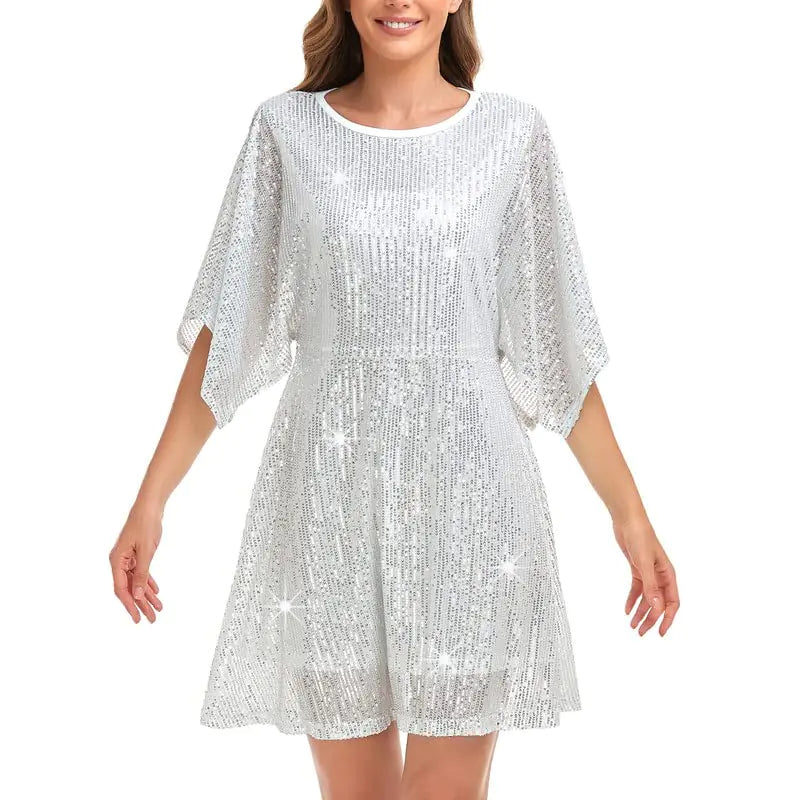 Womens Sequin Loose Dress. Party Split Sleeves Casual Loose Mini Short Dresses