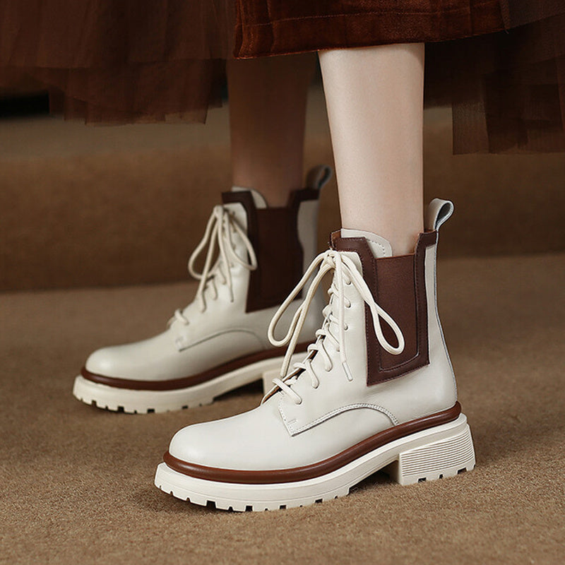 Mid Heel Single Round Toe Colorblock Boots