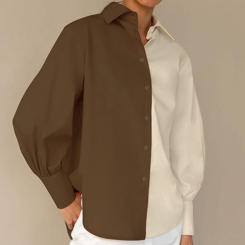 Temperament Commuter Long-sleeved Simple Niche Design Sense Stitching Contrast Color Ladies Shirt